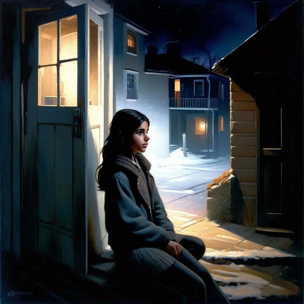 Prompt: A 13 years old Castizo Uruguayan girl, pale skin, freckles, black hair, brown eyes, cold weather, night, abandoned apartment, creepy, spooky, dark figure in the background, dark brown atmosphere, full body, third-person, gameplay, full body portrait, photorealistic, extremely detailed painting by Greg Rutkowski by Steve Henderson