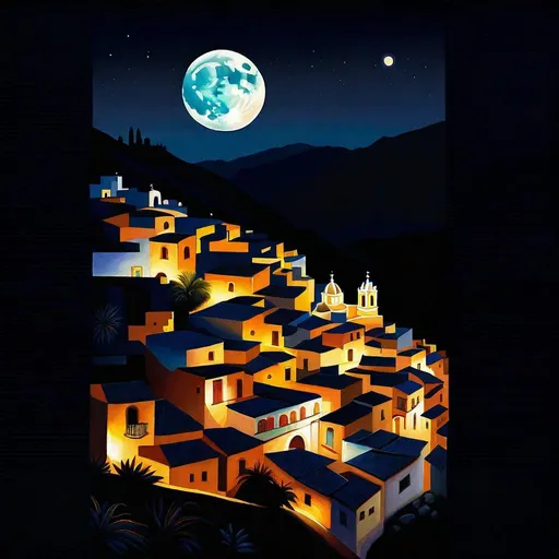 Prompt: Taxco at night, Taxco streets, mountains in the background, dark blue sky, moon, realistic, extremely detailed painting by Greg Rutkowski by Steve Henderson 