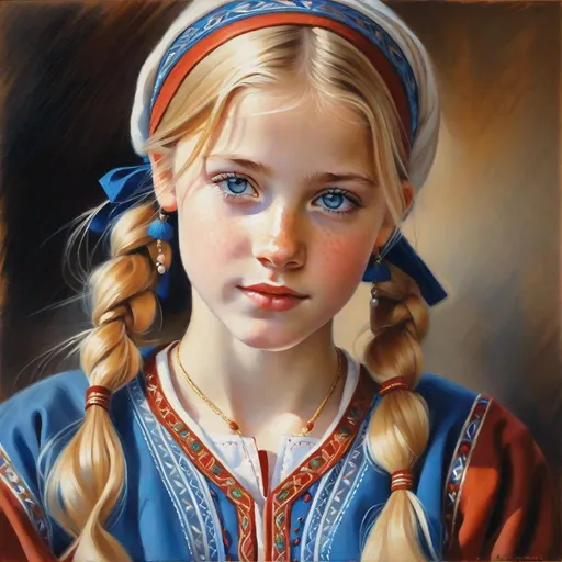 Prompt: A 13 years old Bosniak girl, pale skin, freckles, blonde hair, pigtails, blue eyes, traditional Bosniak dress, Sarajevo, photorealistic, extremely detailed painting by Greg Rutkowski by Steve Henderson