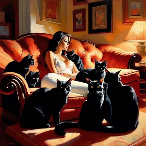 Prompt: 5 black cats surrounding a white pussycat in a sofa, photorealistic, extremely detailed painting by Greg Rutkowski by Steve Henderson