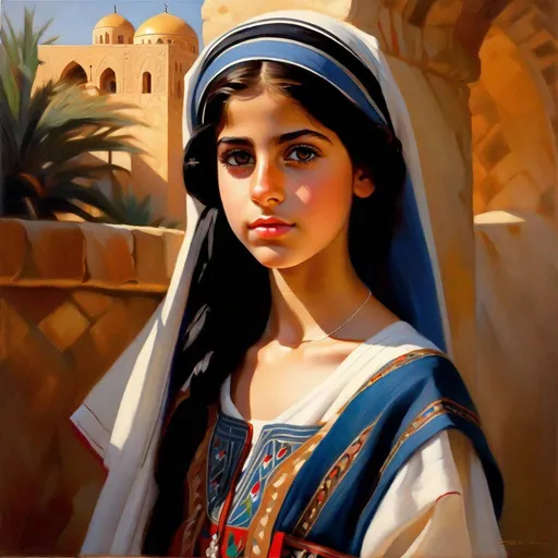 Prompt: A 13 years old Lebanese Arab girl, pale skin, freckles, black hair, pigtails, brown eyes, traditional Maronite dress, Tyre, photorealistic, extremely detailed painting by Greg Rutkowski by Steve Henderson