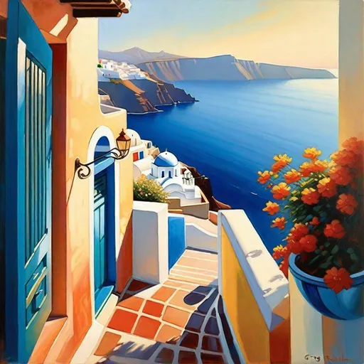 Prompt: Santorini, streets, ocean, mountains in the background, sunny, hot weather, hyperrealistic, extremely detailed painting by Greg Rutkowski by Steve Henderson 