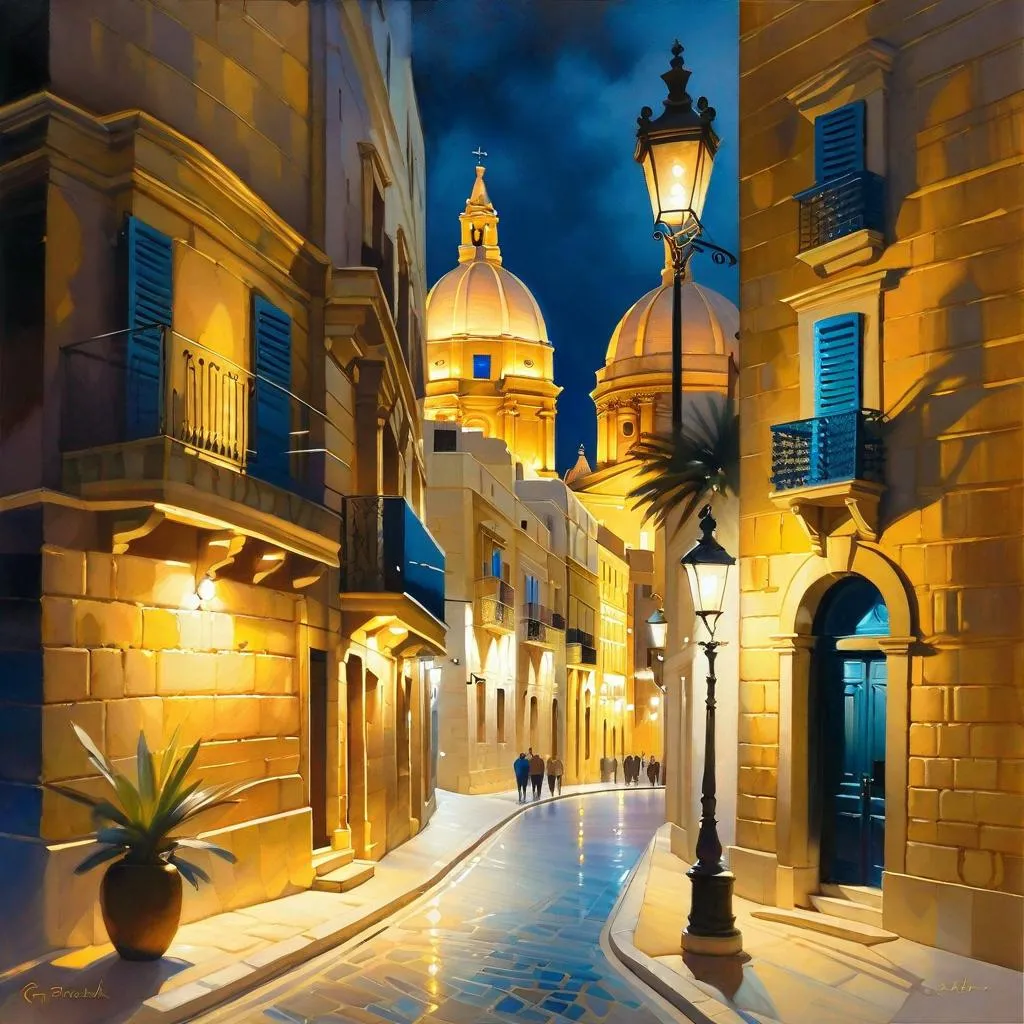 Prompt: Valletta at night, Malta, photorealistic, extremely detailed painting by Greg Rutkowski by Steve Henderson