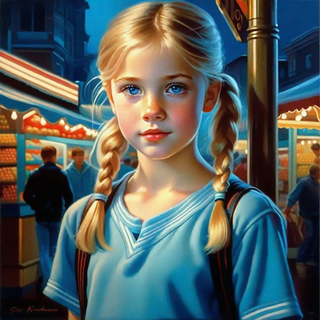 Prompt: A 13 years old Russian-American girl, pale skin, freckles, blonde hair, pigtails, icy blue eyes, night, market aisle, full body portrait, 80's movie, photorealisitc style, extremely detailed painting by Greg Rutkowski by Steve Henderson