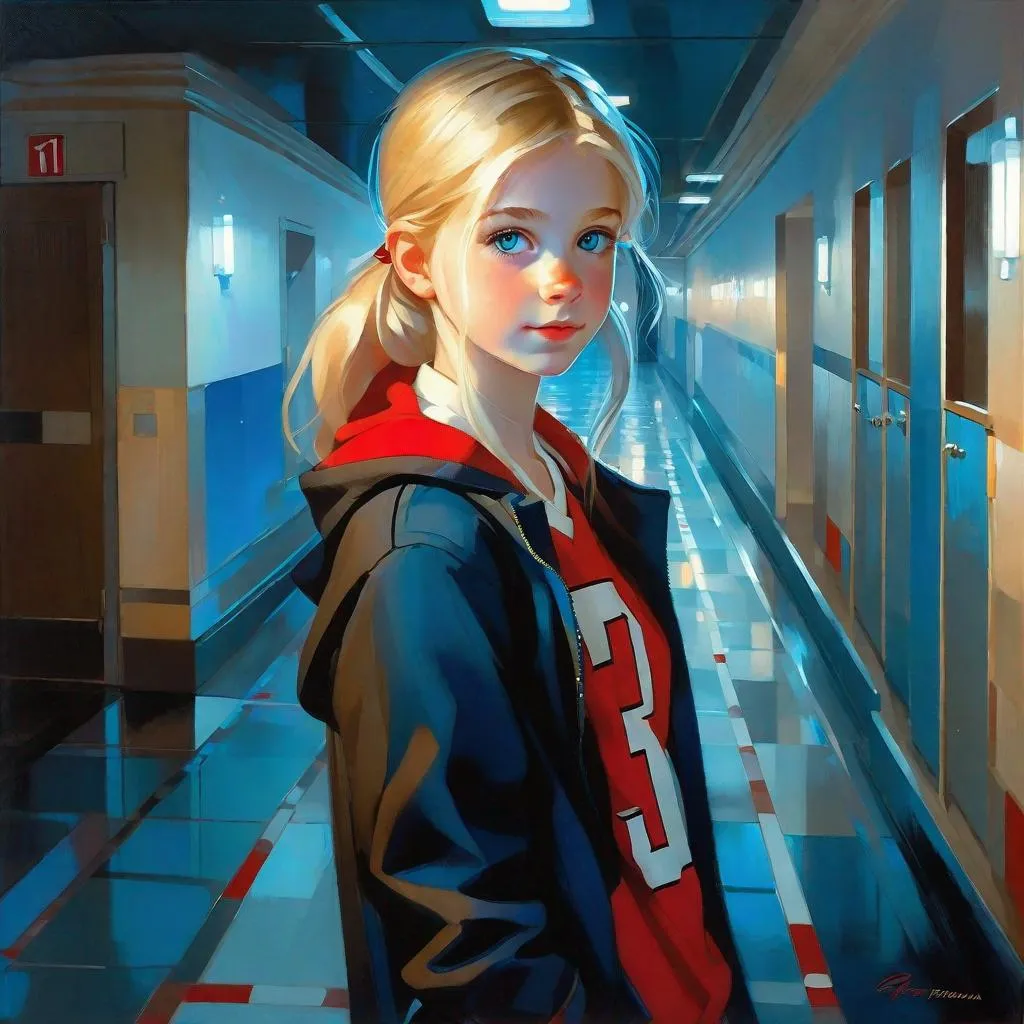 Prompt: A 13 years old Russian-American girl, pale skin, freckles, blonde hair, pigtails, blue eyes, cold weather, night, hospital corridor, full body portrait, anime style, Persona 5, extremely detailed painting by Greg Rutkowski by Steve Henderson