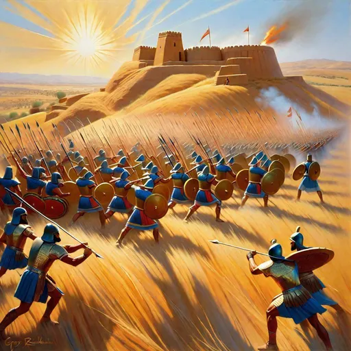Prompt: Battle of Kadesh, Hittite and Egyptian soldiers fighting, war charriots, archers, Bronze Age, bronze swords, flames, arrows, fortress on a hill, sunny weather, hyperrealistic, extremely detailed painting by Greg Rutkowski by Steve Henderson