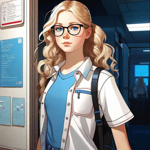 Prompt: 13 years old Russian-American girl, pale skin, freckles, wavy blonde hair, pigtails, icy blue eyes, glasses, night, black shirt and blue jean shorts, hospital corridors, gameplay, Persona 5 style, cel shaded style, intricate, detailed face, by Greg Rutkowski.