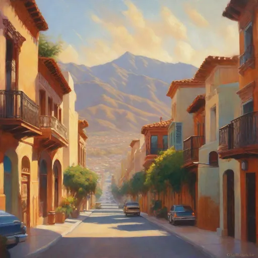 Prompt: Hispanic city historical center, streets, skyscrapers, mountains in the background, sunny, hot weather, hyperrealistic, extremely detailed painting by Greg Rutkowski by Steve Henderson 