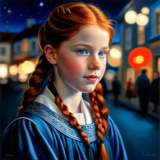 Prompt: A 13 years old Icelandic girl, pale skin, freckles, ginger hair, pigtails, blue eyes, traditional Icelandic dress, Reykjavík at night, photorealistic, extremely detailed painting by Greg Rutkowski by Steve Henderson