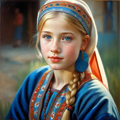 Prompt: A 13 years old Tatar girl, pale skin, freckles, blonde hair, pigtails, blue eyes, traditional Tatar dress, Kazan, photorealistic, extremely detailed painting by Greg Rutkowski by Steve Henderson
