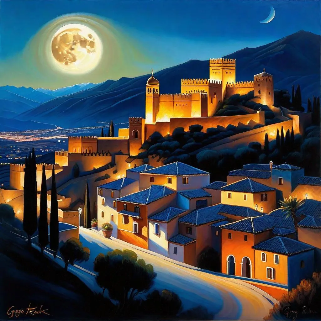 Prompt: Granada, streets, mountains in the background, fortress on a hill, dark blue sky, moon, hyperrealistic, extremely detailed painting by Greg Rutkowski by Steve Henderson 