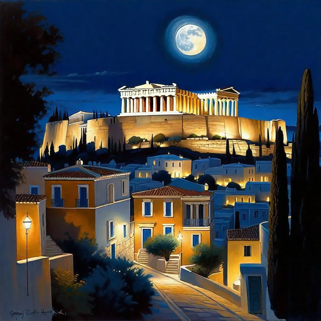 Prompt: Athens at night, Acropolis, Old Athens streets, dark blue sky, moon, realistic, extremely detailed painting by Greg Rutkowski by Steve Henderson 