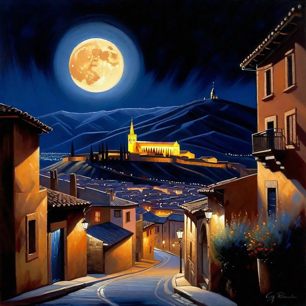 Prompt: Toledo at night, Toledo streets, mountains in the background, dark blue sky, moon, realistic, extremely detailed painting by Greg Rutkowski by Steve Henderson 