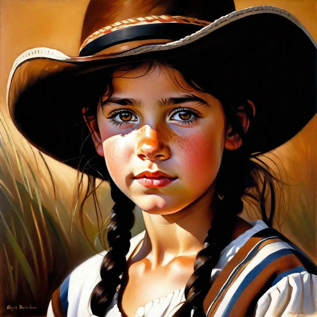 Prompt: A 13 years old Uruguayan Castizo girl, pale skin, freckles, black hair, pigtails, brown eyes, traditional Gaucho dress, Montevideo, Uruguay, photorealistic, extremely detailed painting by Greg Rutkowski by Steve Henderson