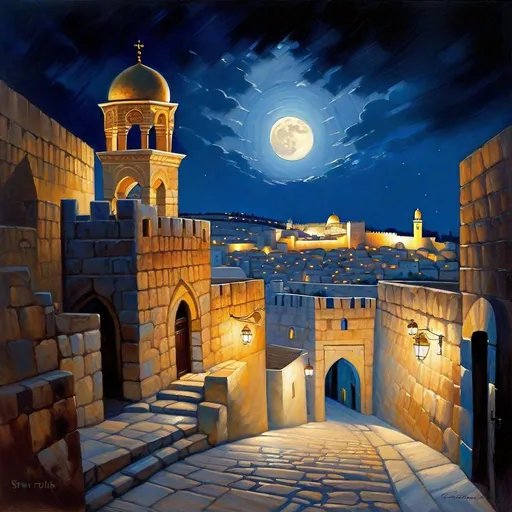 Prompt: Jerusalem at night, fortress, Old Jerusalem streets, dark blue sky, moon, realistic, extremely detailed painting by Greg Rutkowski by Steve Henderson 