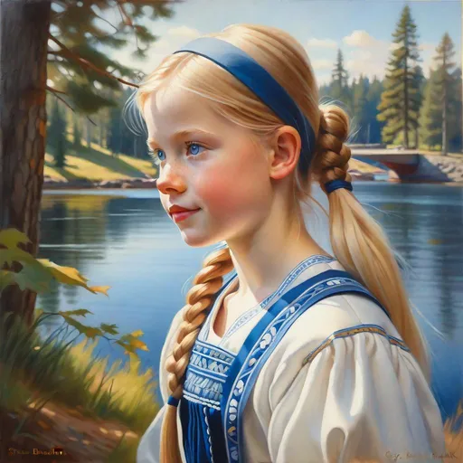 Prompt: A 13 years old Finnish girl, pale skin, freckles, blonde hair, pigtails, blue eyes, traditional Finnish dress, Helsinki, photorealistic, extremely detailed painting by Greg Rutkowski by Steve Henderson