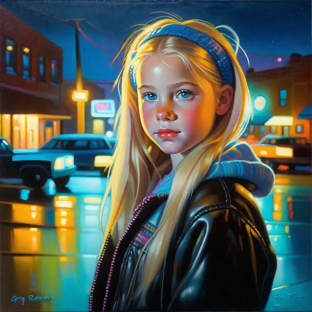 Prompt: A 13 years old Russian-American girl, pale skin, freckles, blonde hair, pigtails, blue eyes, cold weather, night, neon lights, ghetto, homies, full body portrait, photorealistic, extremely detailed painting by Greg Rutkowski by Steve Henderson