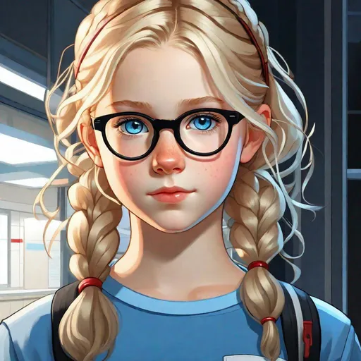 Prompt: 13 years old Russian-American girl, pale skin, freckles, wavy blonde hair, pigtails, icy blue eyes, glasses, night, black shirt and blue jean shorts, hospital corridors, gameplay, Persona 5 style, cel shaded style, intricate, detailed face, by Greg Rutkowski.