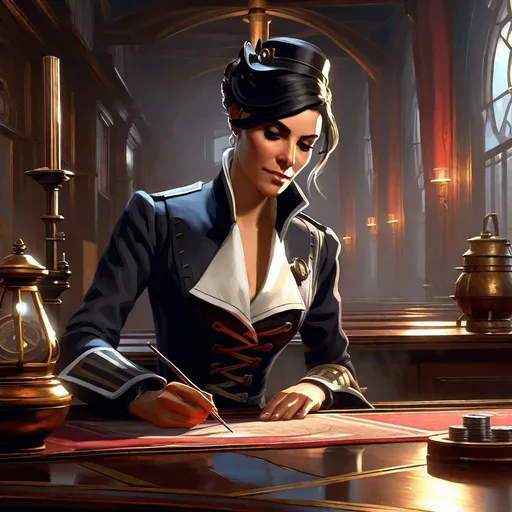 Prompt: Dishonored, PC gameplay, 3D graphics, Emily Kaldwin, steampunk, dark, realistic, extremely detailed painting by Greg Rutkowski by Steve Henderson 