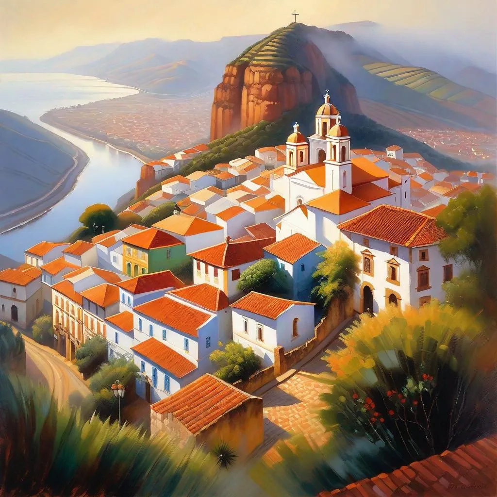 Prompt: Minas Gerais town, colonial Portuguese architecture, baroque churches, mountains in the background, town on a hill, foggy, cool weather, hyperrealistic, extremely detailed painting by Greg Rutkowski by Steve Henderson 