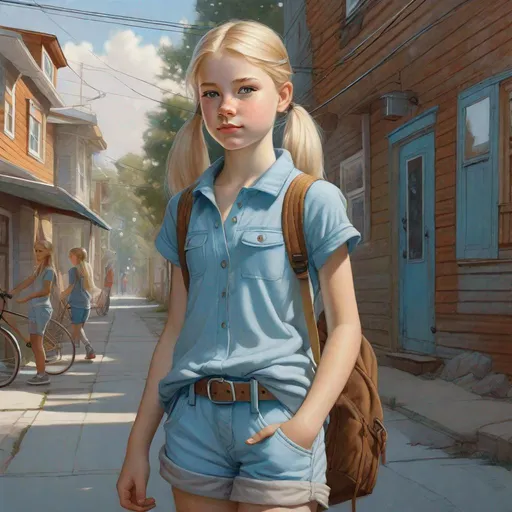 Prompt: A full body portrait of a 13 years old Russian-American girl, pale skin, freckles, blonde hair, pigtails, icy blue eyes, street clothes, shorts, sketch, drawing, concept art, extremely detailed by Greg Rutkowski.