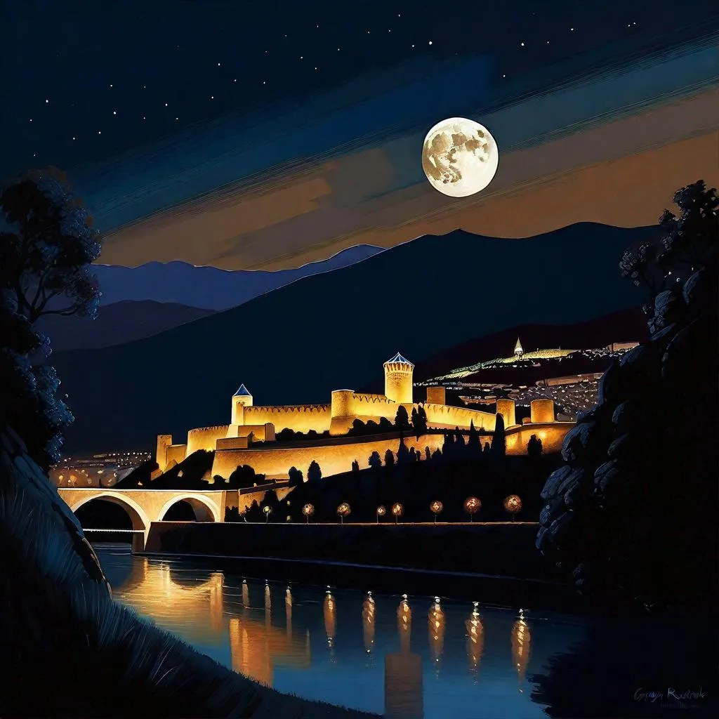 Prompt: Tbilisi at night, Narikala fortress, Old Tbilisi, dark blue sky, moon, realistic, extremely detailed painting by Greg Rutkowski by Steve Henderson 