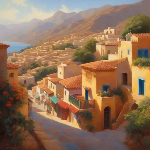 Prompt: Hispanic colonial large city, streets, skyscrapers, mountains in the background, fortress on a hill, sunny, hot weather, hyperrealistic, extremely detailed painting by Greg Rutkowski by Steve Henderson 