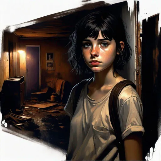 Prompt: A 13 years old Castizo Uruguayan girl, pale skin, freckles, black hair, messy short hair, bangs, brown eyes, dirty, cold weather, night, abandoned apartment, interior, rusty, creepy, spooky, dark figure in the background, dark brown atmosphere, full body, third-person, full body portrait, photorealistic, extremely detailed painting by Greg Rutkowski by Steve Henderson