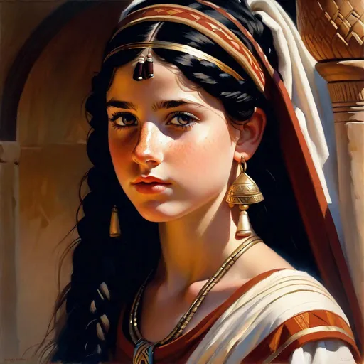 Prompt: A 13 years old Carthaginian girl, pale skin, freckles, black hair, pigtails, brown eyes, traditional Punic dress, Ancient Carthage, photorealistic, extremely detailed painting by Greg Rutkowski by Steve Henderson