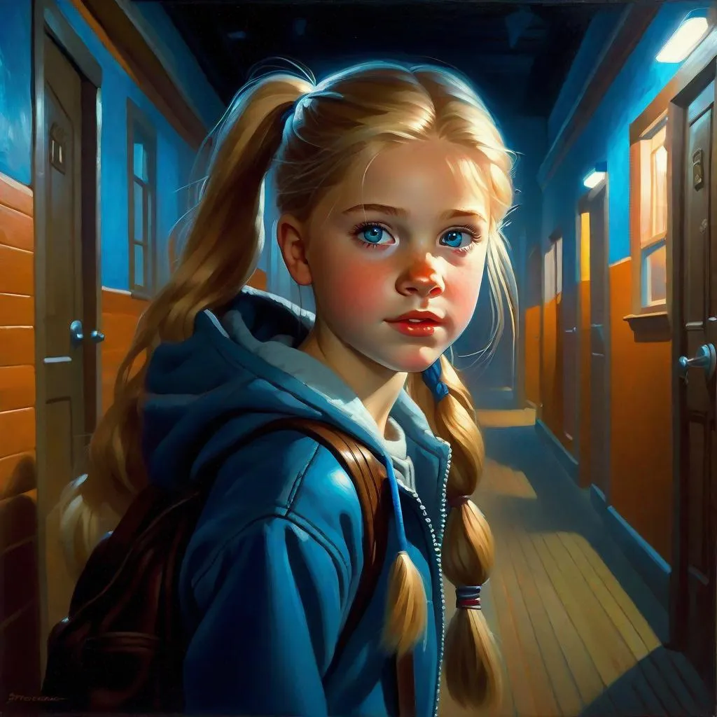 Prompt: A 13 years old Russian-American girl, pale skin, freckles, blonde hair, pigtails, blue eyes, cold weather, night, high school corridors, creepy, spooky, bark figure in the background, full body, third-person, gameplay, photorealistic, extremely detailed painting by Greg Rutkowski by Steve Henderson