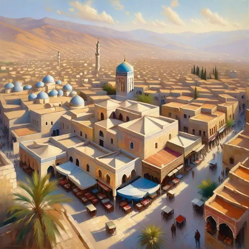 Prompt: Aerial view of Old Damascus, photorealistic, extremely detailed painting by Greg Rutkowski by Steve Henderson