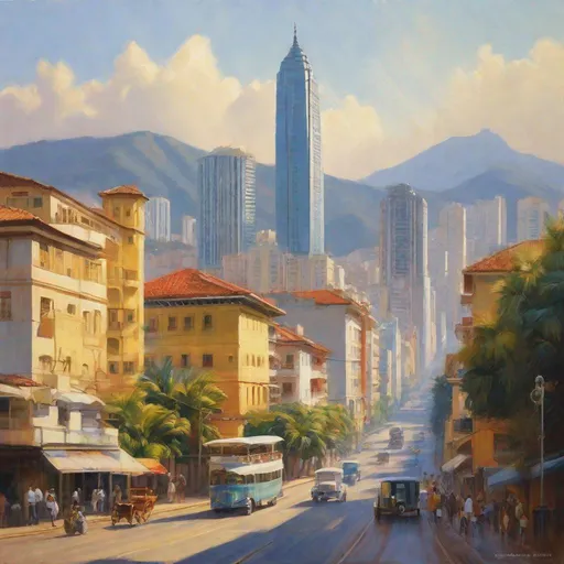 Prompt: São Paulo historical center, streets, skyscrapers, mountains in the background, sunny, hot weather, hyperrealistic, extremely detailed painting by Greg Rutkowski by Steve Henderson 