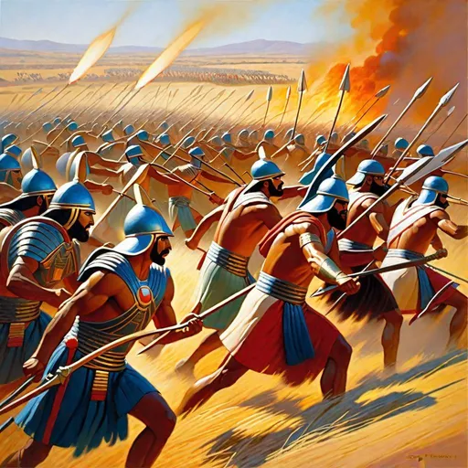 Prompt: Battle of Kadesh, Hittite and Egyptian soldiers fighting, war charriots, archers, Bronze Age, bronze swords, flames, arrows, fortress on a hill, sunny weather, hyperrealistic, extremely detailed painting by Greg Rutkowski by Steve Henderson