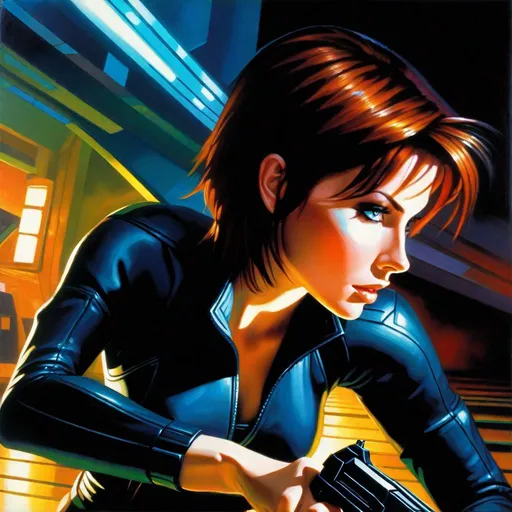 Prompt: Perfect Dark, N64 gameplay, 2000, N64 graphics, cyberpunk, dark, realistic, extremely detailed painting by Greg Rutkowski by Steve Henderson 