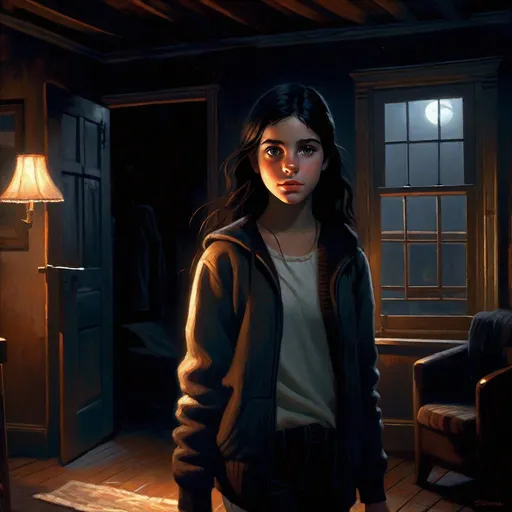 Prompt: A 13 years old Castizo Uruguayan girl, pale skin, freckles, black hair, brown eyes, cold weather, night, abandoned apartment, interior, creepy, spooky, dark figure in the background, dark brown atmosphere, full body, third-person, gameplay, full body portrait, photorealistic, extremely detailed painting by Greg Rutkowski by Steve Henderson