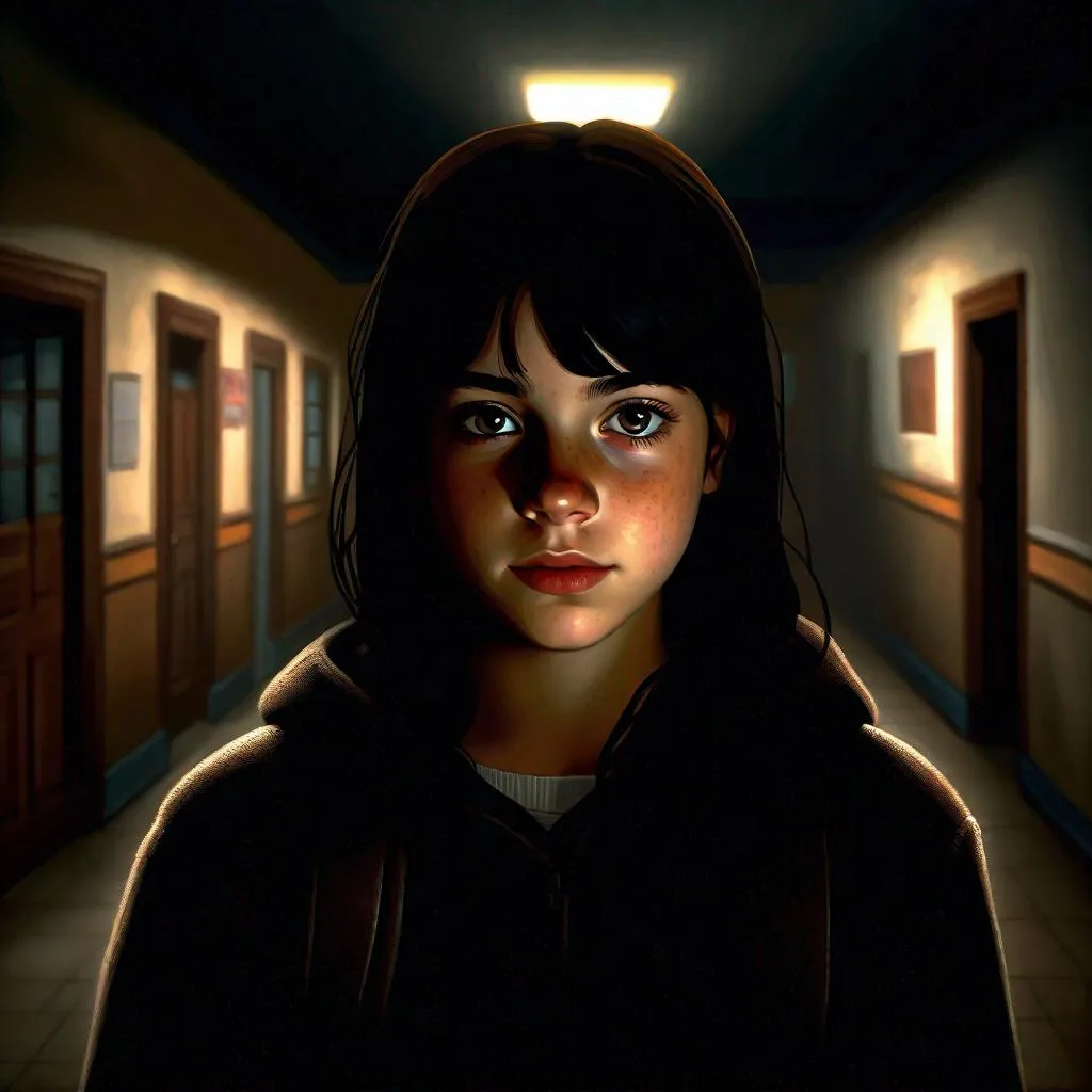 Prompt: A 13 years old Castizo Uruguayan girl, pale skin, freckles, black hair, bangs, brown eyes, cold weather, night, high school corridors, creepy, spooky, dark figure in the background, dark brown atmosphere, full body, third-person, gameplay, full body portrait, photorealistic, extremely detailed painting by Greg Rutkowski by Steve Henderson