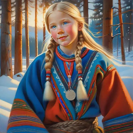 Prompt: A 13 years old Sami girl, pale skin, freckles, blonde hair, pigtails, blue eyes, traditional Sami dress, Finland, aurora borealis, photorealistic, extremely detailed painting by Greg Rutkowski by Steve Henderson