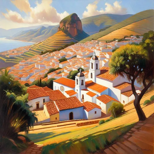 Prompt: Minas Gerais town, colonial Portuguese architecture, barroque churches, mountains in the background, town on a hill, sunny weather, hyperrealistic, extremely detailed painting by Greg Rutkowski by Steve Henderson 