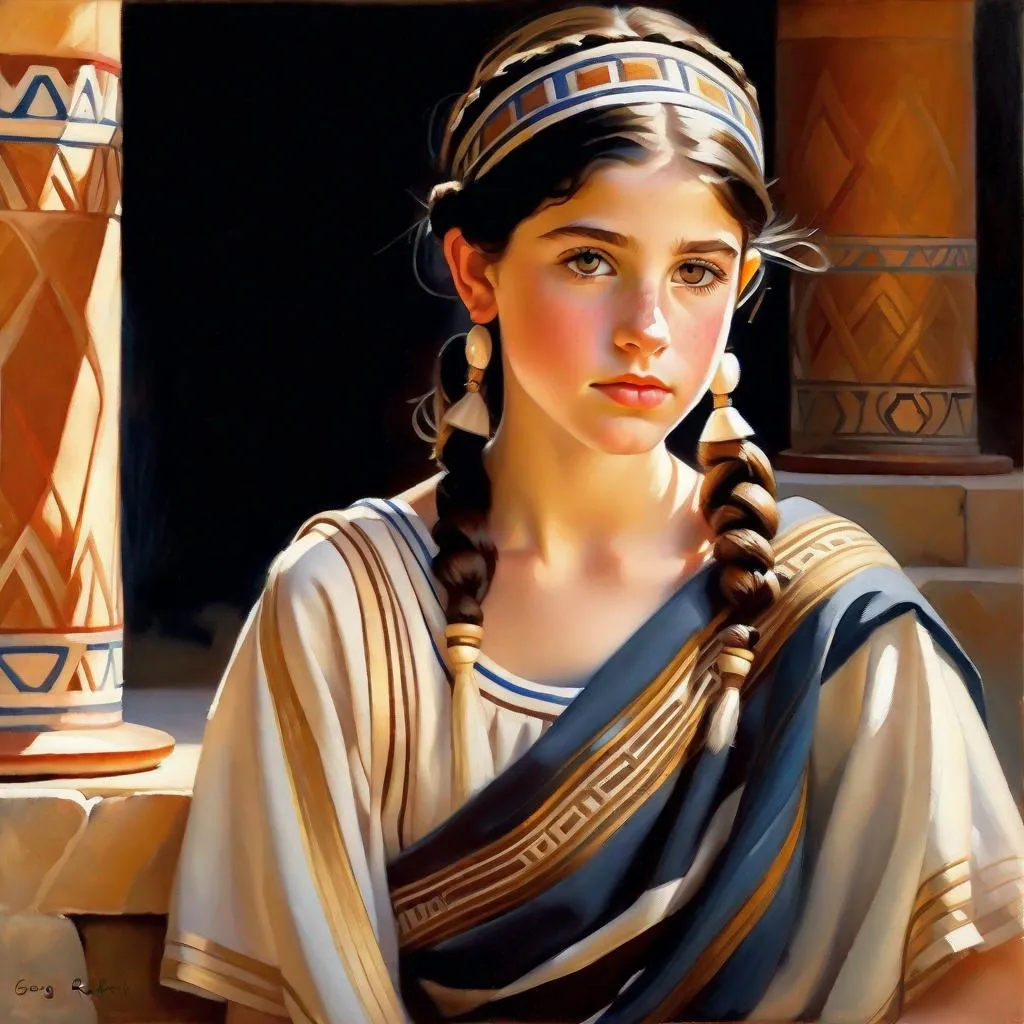 Prompt: A 13 years old Greek girl, pale skin, freckles, black hair, pigtails, brown eyes, traditional Greek dress, Knossos, photorealistic, extremely detailed painting by Greg Rutkowski by Steve Henderson