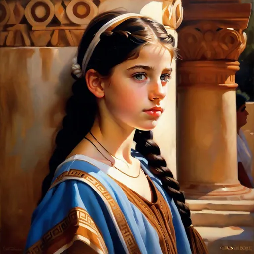 Prompt: A 13 years old Greek girl, pale skin, freckles, black hair, pigtails, brown eyes, traditional Greek dress, Athens, photorealistic, extremely detailed painting by Greg Rutkowski by Steve Henderson