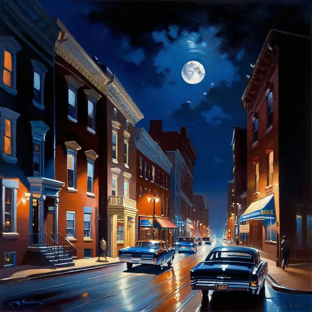 Prompt: Philadelphia at night, streets, dark blue sky, moon, realistic, extremely detailed painting by Greg Rutkowski by Steve Henderson 