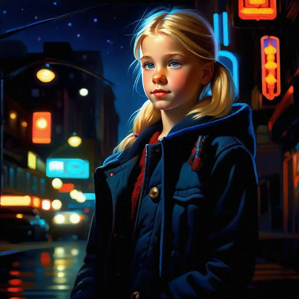 Prompt: A 13 years old Russian-American girl, pale skin, freckles, blonde hair, pigtails, blue eyes, cold weather, night, Downtown streets, neon signs, dark blue atmosphere, full body, third-person, gameplay, photorealistic, extremely detailed painting by Greg Rutkowski by Steve Henderson