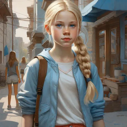 Prompt: A full body portrait of a 13 years old Russian-American girl, pale skin, freckles, blonde hair, pigtails, icy blue eyes, street clothes, shorts, sketch, drawing, concept art, extremely detailed by Greg Rutkowski.