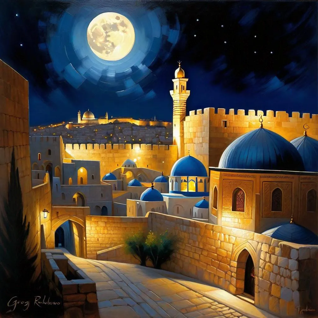 Prompt: Jerusalem at night, fortress, Old Jerusalem streets, dark blue sky, moon, realistic, extremely detailed painting by Greg Rutkowski by Steve Henderson 