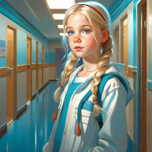 Prompt: A 12 years old Russian-American girl, pale skin, freckles, blonde hair, pigtails, icy blue eyes, night, hospital corridor, full body portrait, anime style, drawing, concept art, extremely detailed painting by Greg Rutkowski by Steve Henderson