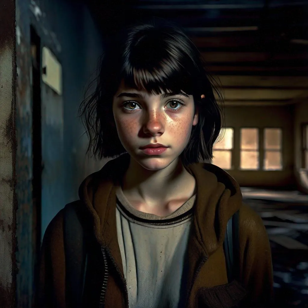 Prompt: A 13 years old Castizo Uruguayan girl, pale skin, freckles, black hair, messy short hair, bangs, brown eyes, cold weather, night, abandoned hospital, interior, rusty, dirty, creepy, spooky, dark figure in the background, dark brown atmosphere, full body, third-person, full body portrait, photorealistic, extremely detailed painting by Greg Rutkowski by Steve Henderson