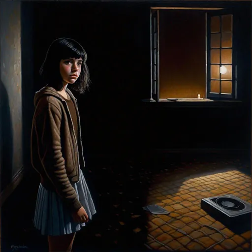 Prompt: A 13 years old Castizo Uruguayan girl, pale skin, freckles, black hair, short hair, bangs, brown eyes, cold weather, night, abandoned apartment, interior, creepy, spooky, dark figure in the background, dark brown atmosphere, full body, third-person, full body portrait, photorealistic, extremely detailed painting by Greg Rutkowski by Steve Henderson