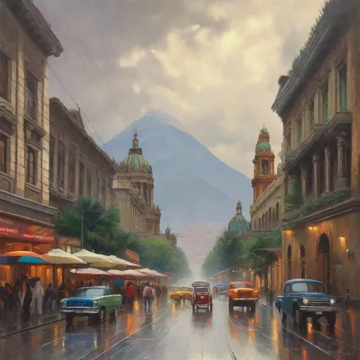 Prompt: Mexico City historical center, streets, skyscrapers, mountains in the background, rainy, cool weather, hyperrealistic, extremely detailed painting by Greg Rutkowski by Steve Henderson 