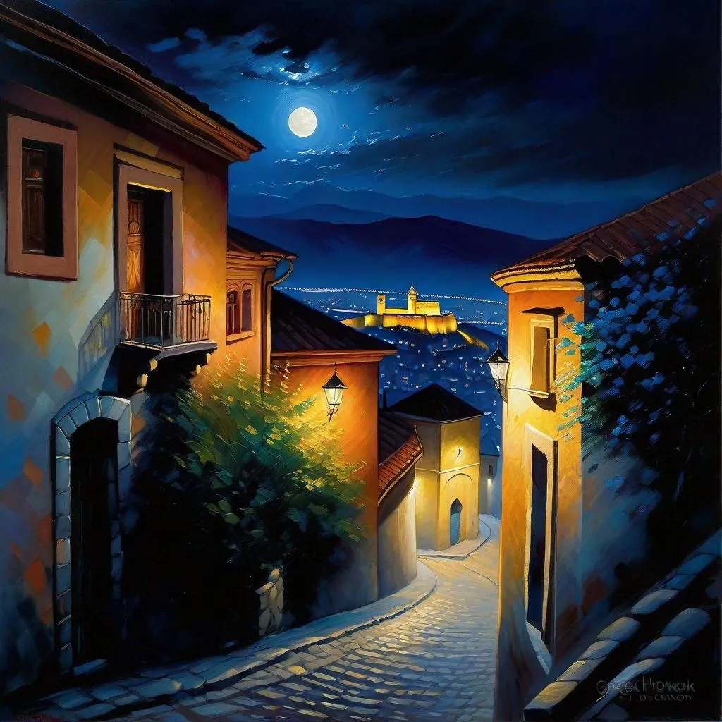 Prompt: Tbilisi at night, Narikala fortress, Old Tbilisi streets, dark blue sky, moon, realistic, extremely detailed painting by Greg Rutkowski by Steve Henderson 