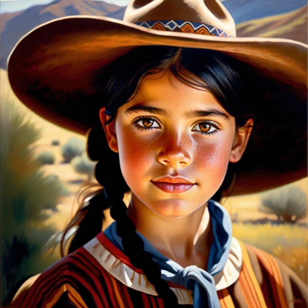 Prompt: A 13 years old Argentinian Castizo girl, pale skin, freckles, black hair, pigtails, brown eyes, traditional Gaucho dress, Andes Mountains, photorealistic, extremely detailed painting by Greg Rutkowski by Steve Henderson